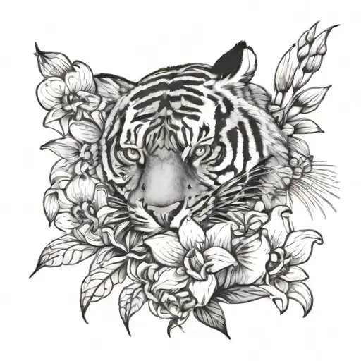 Tiger Hunting A Bird Orchid Flowers