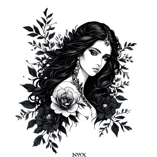 An Outline Of The Goddess Nyx With Dark Floral Details To Cover An Entire Outer Forearm