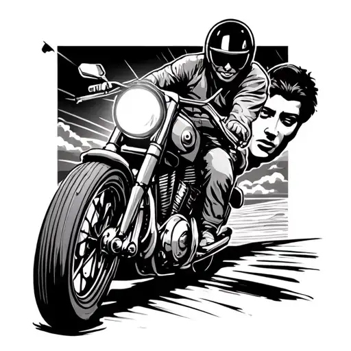 Motorbike Riding Into Sun Setting With Faces In Sky