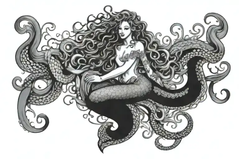 Mermaid With Curly Hair And Tattoos Riding An Octopus