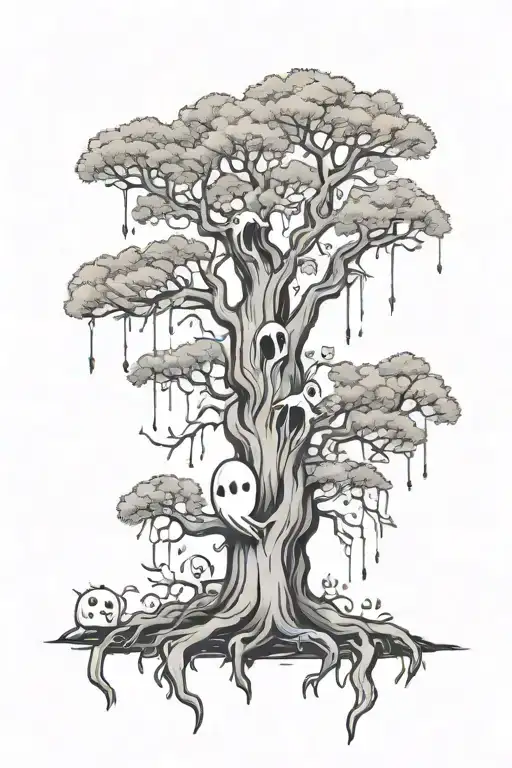 Weeping Tree With Small Cute Ghost Dancing Around It
