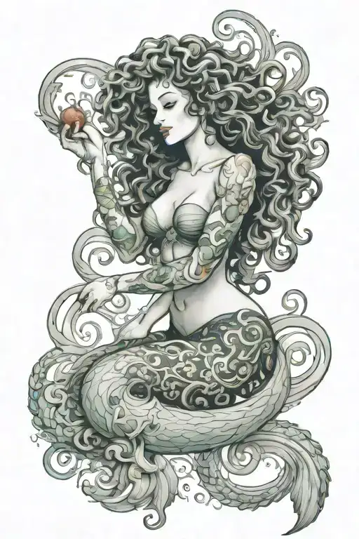 Mermais With Curly Hair And Tattoos Riding An Oc Red Green Bicep