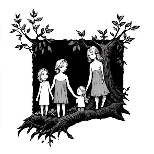Mom Three Children And Tree