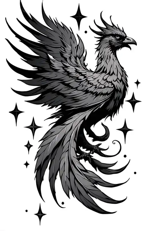 Phoenix And Delicate Feather Symbol And Flame And Stars