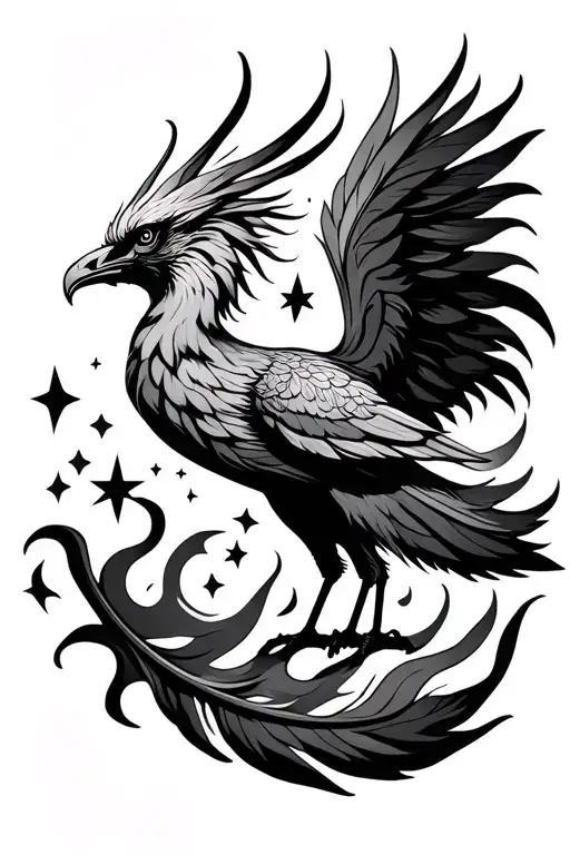 Phoenix And Delicate Feather Symbol And Flame And Stars