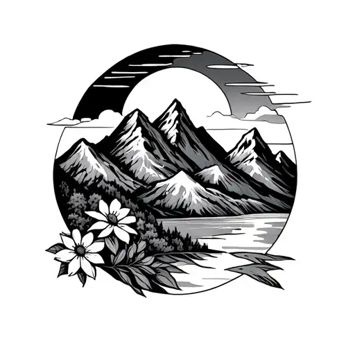 Mountains With A Sun And Flowers