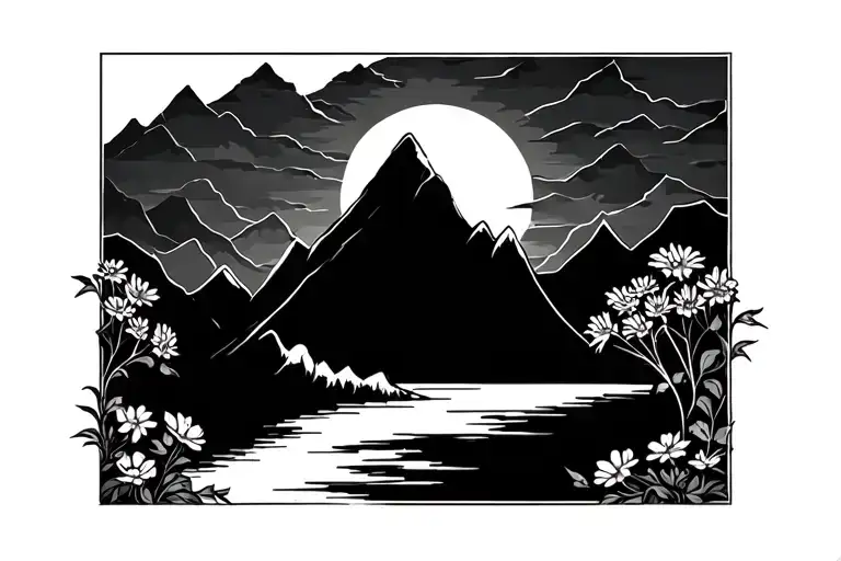 Fineline Tattoo Mountains With A Sun And Flowers