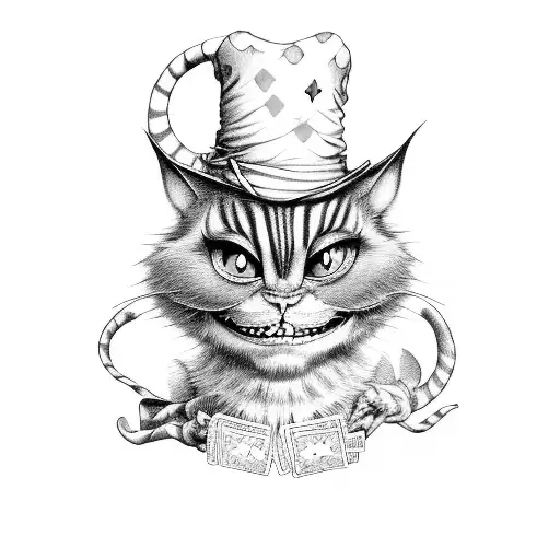 Cheshire Cat With Mad Hatter Top Hat And Playing Cards With Wonderland Aestetic
