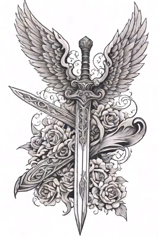 Sword Going Down The Back With Wings Out To The Shoulder