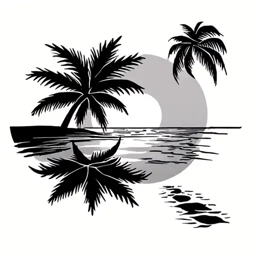 On A Beach With Palm Tree Sun Setting