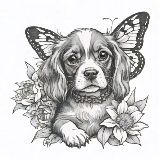 Cavalier Puppy In Lavender And Daisy Wirh Butterfly