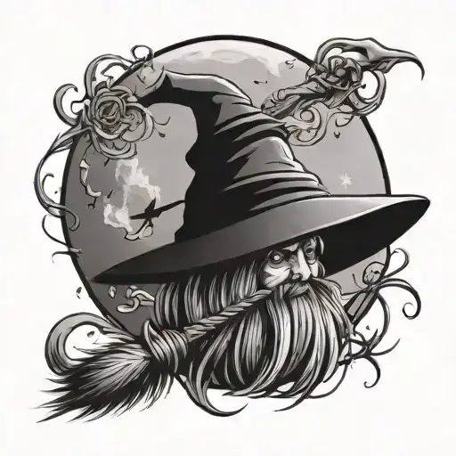 Witch Broom With Hat Infront Of Moon Surrounded