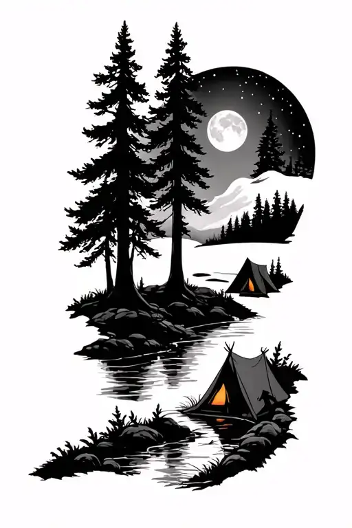 A Half Sleeve Forest With A Stream And A Pup Tent Pitched In The Distance At Night With A Moon