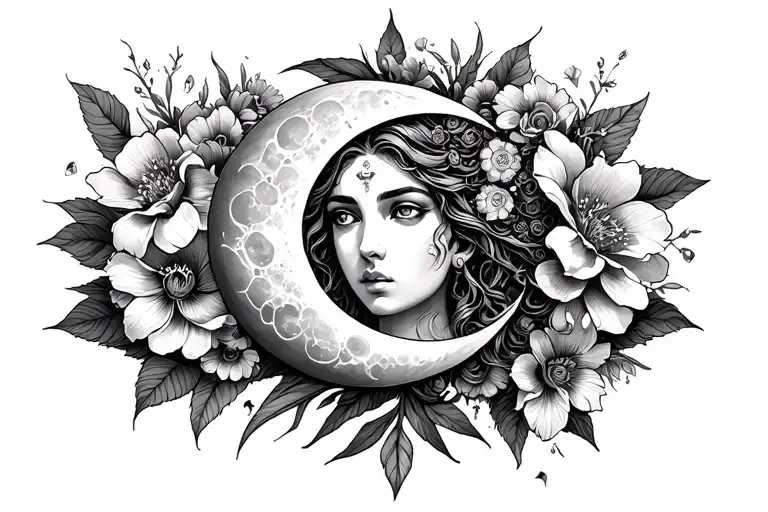 Triple Moon Goddess Above Flowers Surrounding