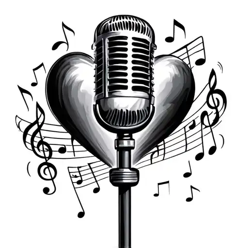 Black Heart Microphone Music Notes Floating