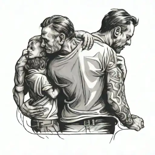 Father With Two Children In His Arms From Behind