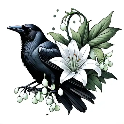 Crow And Lily Of The Valley Flower Creating The Neda Symbol