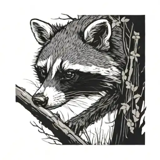 A Detailed Black And Grey Scene Of A Raccoon Exploring A Dark And Mysterious Woods