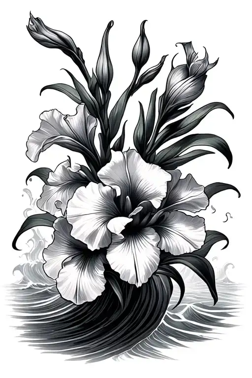 Iris Flowers Surrounded By Waves Crashing In The Background