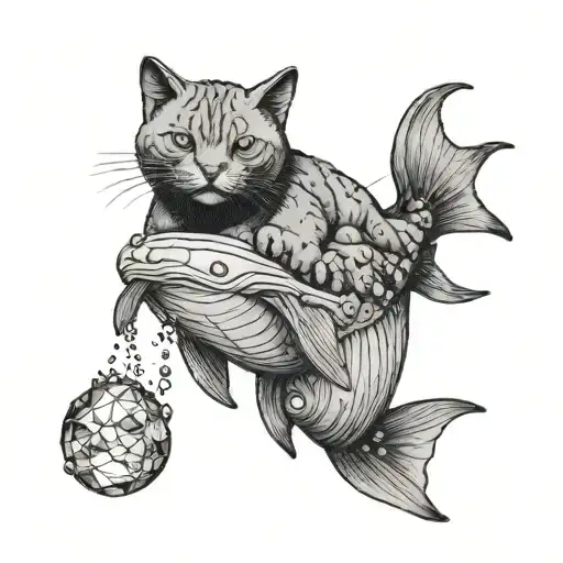 A Whimsical Scene Of A Cat Riding A Manatee Through A Crystal-filled Ocean