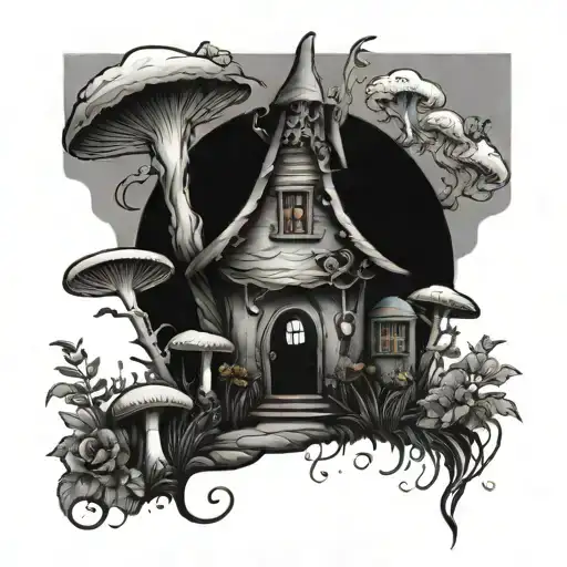 A Witchy Cottage Nestled Among Towering Mushrooms And Vibrant Flowers