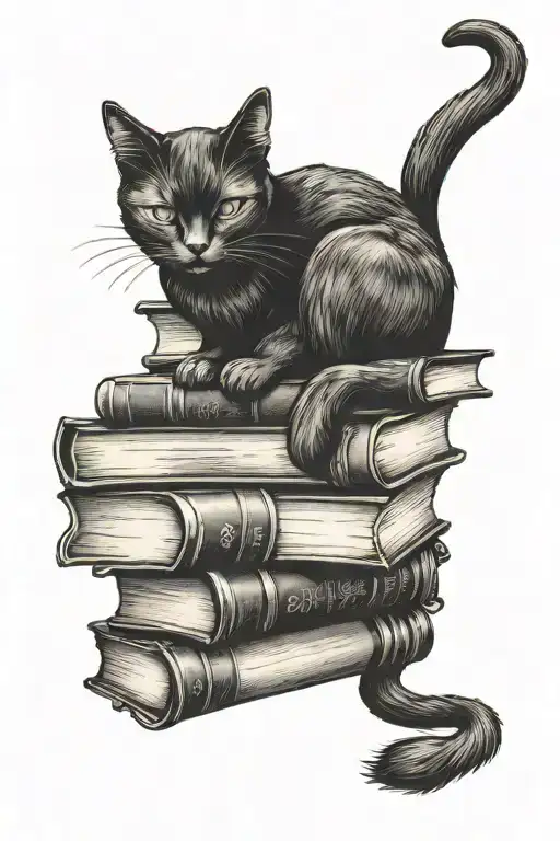 Black Cat Sleeping On Stack Of Books