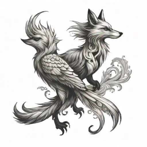 A Fox And A Phoenix Playing Together