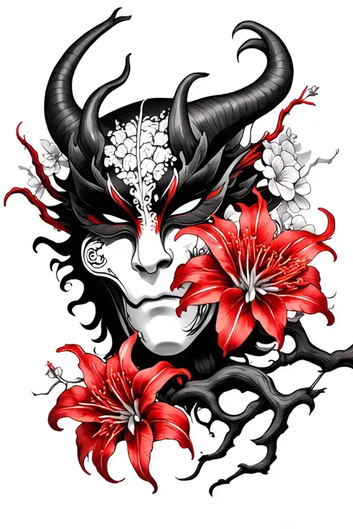 Oni Mask Sakura Branches Forming And Red Spider Lily