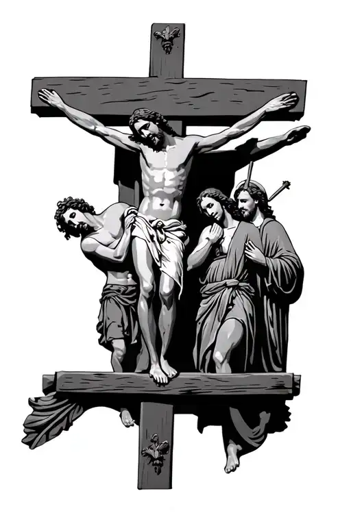 Crucifixion Of Jesus With Roman Soldiers And Mary Praying At His Feet