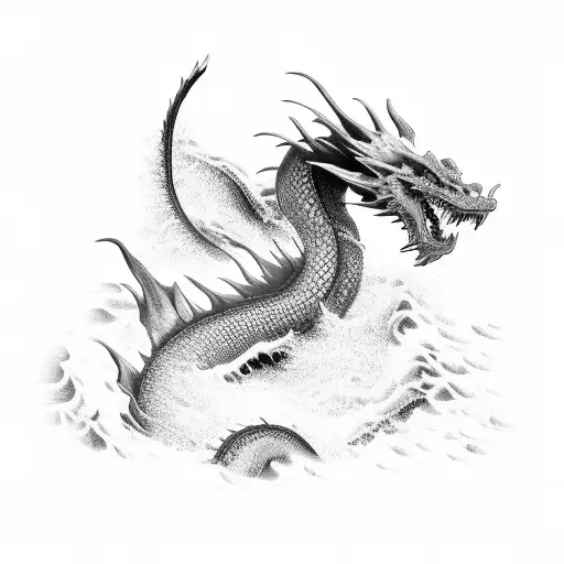 A Black-grey Japanese Dragon Riding A Massive Wave