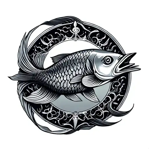 Pisces Zodic Round Tattoo Design Featuring