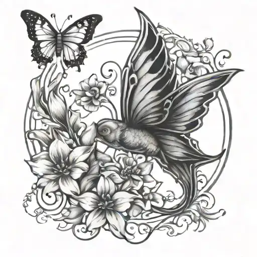 Pisces Symbol With Daffodila And Butterfly's