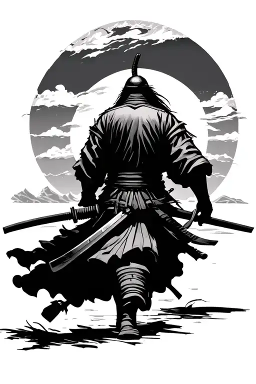 Samurai With Katana Walking Away From Sunset