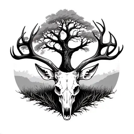 Deer Skull With A Oak Tree Behind It