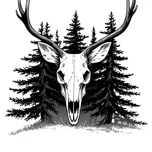 Deer Skull With A Cedar Tree Behind It