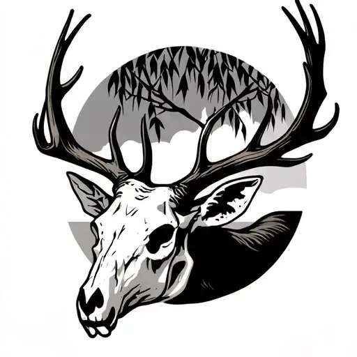Deer Skull With A Willow Tree Behind It