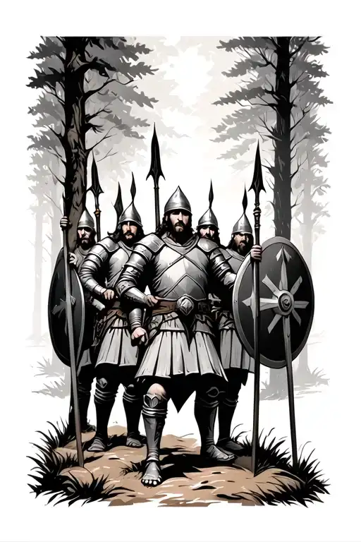 A Squad Of Slavic Warriors With Spears And Shields Stands In The Forest