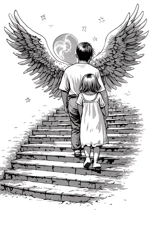 Teen Boy And Little Girl Walking Up Stairs To Heaven With 1995 At The Took Of Heaven