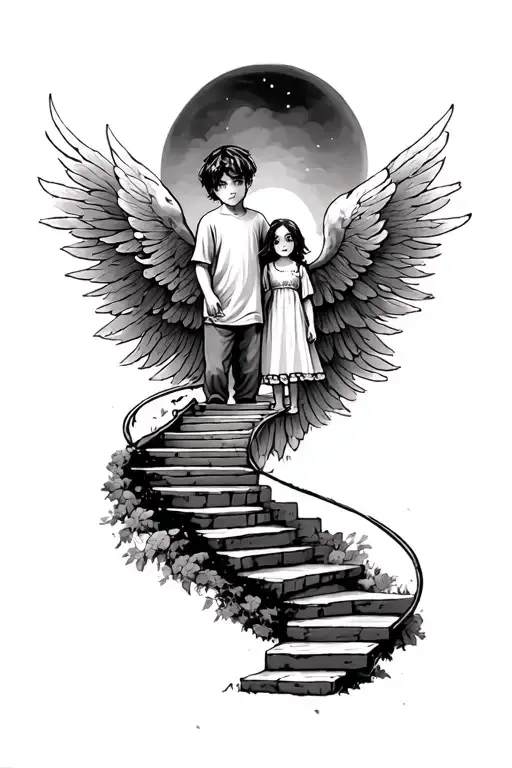 Teen Boy And Little Girl With A Staircase To Heaven