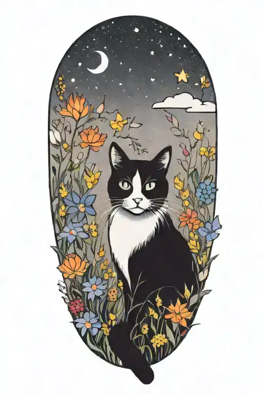 A Black And White Cat Exploring A Field Of Colorful Flowers Under A Starry Sky