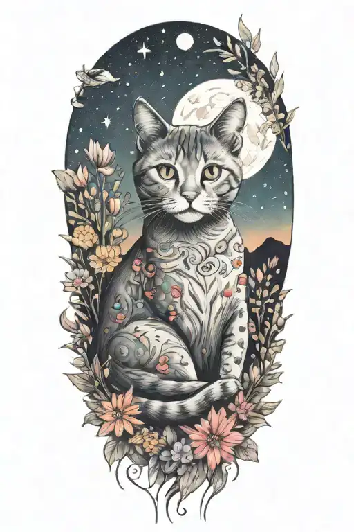 A Cat Exploring A Field Of Colorful Flowers Under A Starry Sky