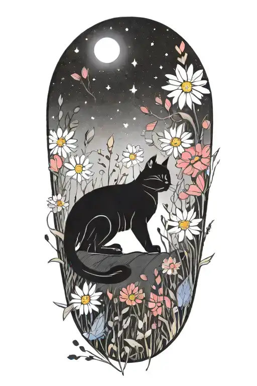 A Cat Exploring A Field Of Colorful Flowers Under A Starry Sky