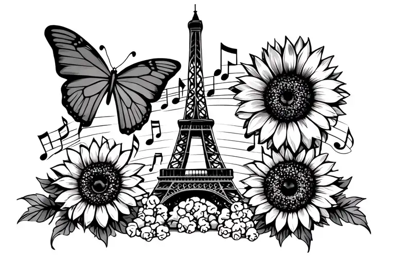 Eiffel Tower With Music Notes Around It A Butterfly A Sunflower And Popcorn At The Bottom