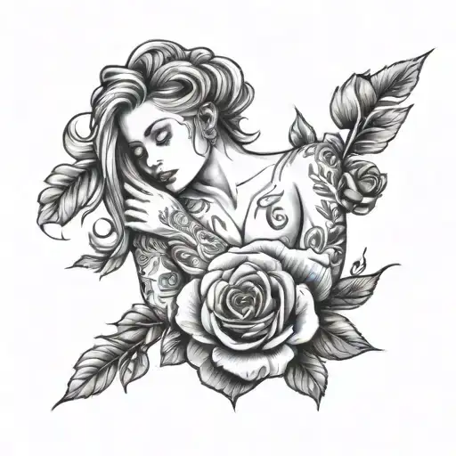 Woman With Flower Hair Arms Crossed Across Body With The Words Love Yourself Inline With Arms