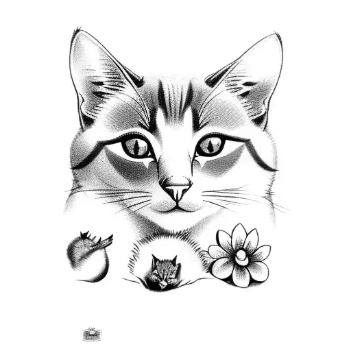 A Black-grey Tattoo Of A Mother Cat Cuddling Her Kittens In A Garden Of Flowers