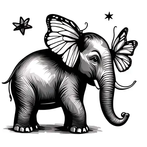 Baby Elephant With Butterfly On Trunk And Two Stars Above
