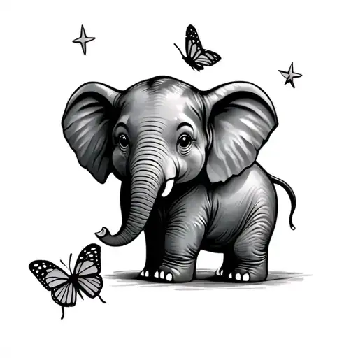 Baby Elephant With Butterfly On Trunk And Two Stars Above
