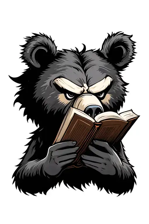 Angry Bear Head Profile Holding A Book