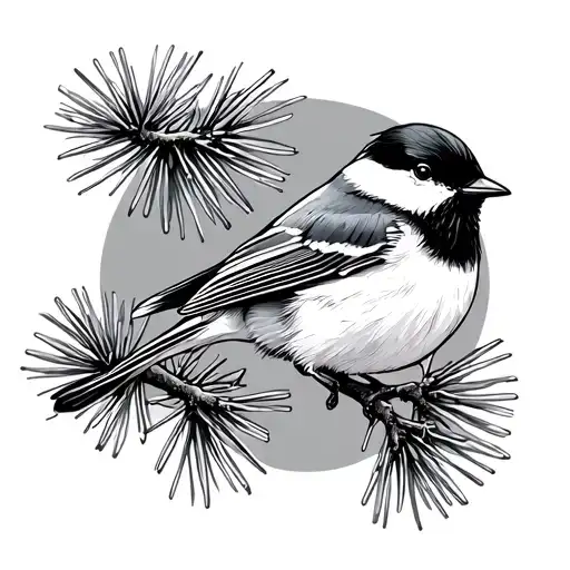 Pine Tree Branches And Chickadee Perched