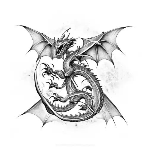 Dragon On A Pile Of Skulls And Three Mean Fish